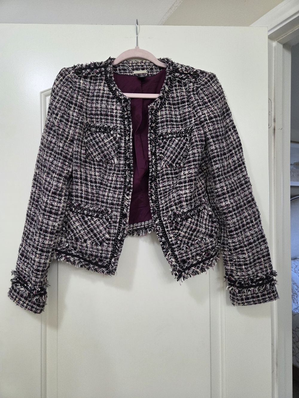 White House Black Market Purple & Black Tweed Fringe Jacket